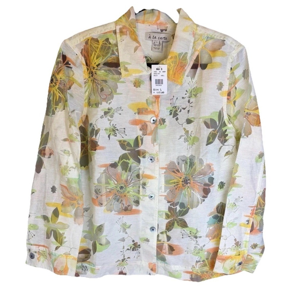 A La Carte Sz L Button Up Semi-Sheer Long Sleeve Floral Hippy Tropical Org.$177 - Picture 2 of 8